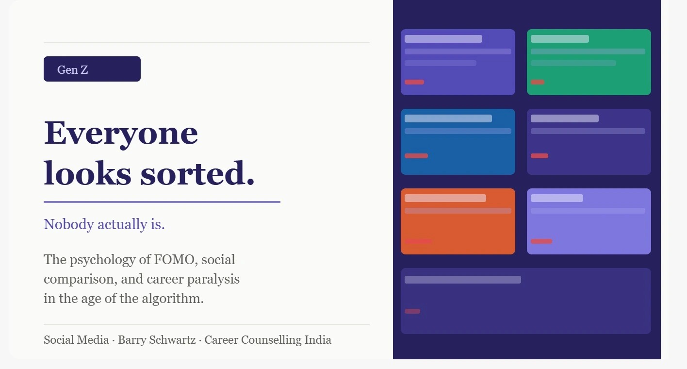 "Gen Z career confusion cover — everyone looks sorted on social media, career counselling blog on FOMO and decision paralysis